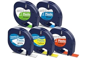 HOME COLORTLY Multi-Colour Label Tape Set Compatible with DYMO Letratag Tape 91201 91202 91203 91204 91205, 12mm x 4m Plastic Labels Work for Dymo Letratag Label Makers LT- 100h LT-110T QX50 XR XM 2000 Plus, 5-pack