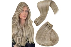 Hetto Hair Weft Extensions Real Human Hair Sew in Weft Hair Extensions Natural Weave Human Hair Weft Extensions Dirty Blonde Highlight Medium Blonde #17/23 Straight 14Inch 80g