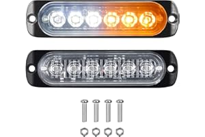 PICAA 2 Pièces Ambre+Blanc 6 LED Feux Stroboscopique Urgent Avertissement Flash Danger Lampe d'avertissement pour Véhicule Camion Remorque 12V-24V