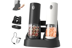 CIRCLE JOY Set Macina Elettrico per Sale e Pepe con Stazione di Ricarica Doppia Facile da Trasportare, Contenitore Trasparente da 95ml, Luce Led Bianca e Ruvidità Regolabile Esterna, Nero Bianco