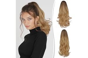RUWISS Doble Uso Clip en Extensión Cola de Caballo Largo Ondulado Rizado Coleta Postiza Sintética Ponytail Postizos con Pinza de Aspecto Natural para Mujeres 45cm,Ombre Rubio Ceniza con Castaño