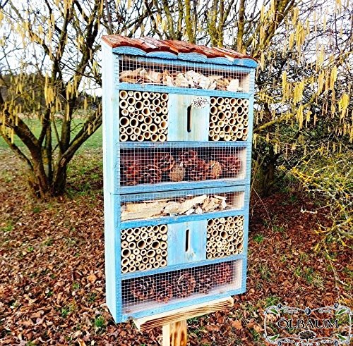 Süßes insektenhotel MIT STÄNDER, mit Naturdach, FDV-HOST-MS groß 130.5 cm Holz blau marineblau hell Vogelhaus Nisthaus als Ergänzung zum Meisen nistkästen Meisenkasten oder zum Vogelhaus Vogelfutterhaus Futterstation für Vögel Insektenhäuschen – insektenhotels - 2