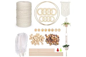 AUSYDE Filato macramè, 100 m, naturale macramè, 108 colori misti e colore naturale, 4 bastoncini in legno, 8 anelli in legno e 2 anelli in metallo, alcune piume macramè, set di ganci per piante da appendere