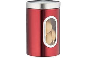 Relaxdays 10027647_47 Recipiente Almacenamiento Cocina, Tapa, Ventana, 1,4 L, para Café, Harina, Pasta, Bote Metal, Color Rojo, Acero Inoxidable