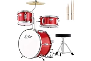 Eastar Drum Set 14 pouces pour débutants, kit de batterie junior 3 pièces avec caisse claire Tom basse, trône réglable, cymbale, pédale et deux paires de baguettes(Rouge métallisé)