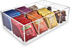 Meicloud Acrylic Tea Bag Organiser - Clear Tea Storage Box, K Cup Coffee Pods Holder with 8 Compartments, Tea Station Organizer for Countertop, Modern Tea Display Box