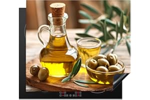 KitchenYeah© Protection Plaque Induction 60x52 cm Protege Deco Cuisine Cache Protège De Cuisson Accessoire Olives - Planche - Huile d'olive - Feuilles - 60x52 cm