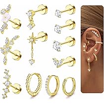 CUEMOON Piercing Set 12 Teile - Chirurgenstahl Ohrstecker Gold & Silber Für Helix, Tragus, Knorpel