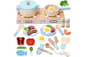 Teneytoyz Accessoire Cuisine Enfant, Bois Pots Casseroles Jouet et Cuisine Enfant Fruits et Légumes à Découper, Chef Jeu de Rôle Éducatifs pour Filles Garçons 3-6 Ans, Cadeau Parfait pour Noël et fête