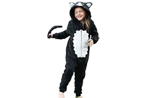 WUNSY Combinaison pour garçons ou filles en polaire super douce et duveteuse, chat noir et blanc, chaton avec queue – Costumes d'animaux AllinOnes pour enfants âgés de 2 à 13 ans