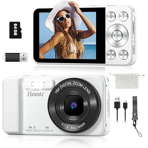64MP 4K Digital Camera, Hoestr 18X Zoom Autofocus Point and Shoot Compact Camera with 64GB TF Card, Flash, 2.8\