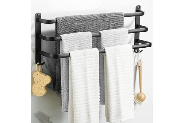 Porte Serviette Murale,Porte Serviette Salle de Bain,Porte-Serviettes Adhésif Noir Mat, Porte-Serviettes en Alliage d'Aluminium Non Perforé (40cm, Three Bars)