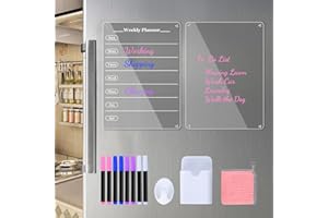 KAMEUN Magnetic Monthly Planner for Fridge, Clear Acrylic Weekly Calendar Board for Family, Meal, Chore, Menu, to Do List(13” x 12.6”), with 8Pcs Dry Erase Marker,Wipe Cloth,Pen Holder and Hook (A)