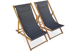 Alice's Garden - Chiliennes Bois - Creus - 2 transats en Bois d'Eucalyptus huilé avec Coussin Repose-tête Gris