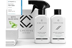 CREVIVE Leather Cleaner and Leather Conditioner with Aloe Vera incl. Sponge + 2x Cloth - Leather Cleaner for Sofas - Car Leather Cleaner and Conditioner - Leather Furniture Cleaner - Leather Care Kit