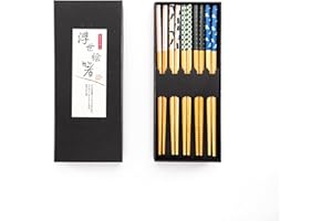FENG SHUI GIFT SHOP Bamboo Chopsticks Set, 5 Pairs of Stylish Japanese Wooden Chopsticks in Black Box - Perfect Reusable Cooking & Dining Gifts for Anime Fans and Beginners (Mixed Colours)