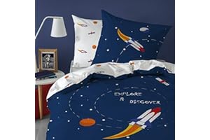 MATT & ROSE Parure de Lit Enfant Explore Space 140x200 cm | 100% Coton | Oeko-TEX | Housse de Couette 1 Personne 140x200 cm 1 Taie d'oreiller 63x63 cm Imprimés Réversibles | Bleu