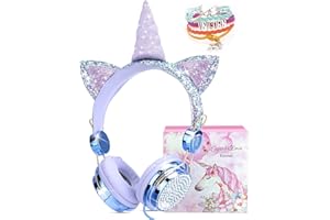 JYPS Kinder-Kopfhörer, Einhorn-Glitzersteine, Kinder-Kopfhörer für Mädchen, kabelgebundene Kopfhörer mit Einhorn-Armband Geschenk, verstellbare Stereo-Kopfhörer mit Mikrofon und Lautstärkeregler (Fairblau)
