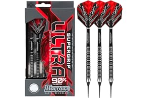 Harrows Juego de Dardos con Punta Blanda de tungsteno SUPERGRIP Ultra 90% Disponible en 18 g, 21 g, 22 g. Incluye Ejes de Carbono Supergrip, Plumas Supergrip y Estuche de Viaje.