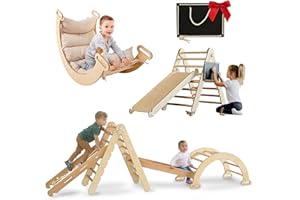 GOODEVAS 5-in-1 Telaio di Arrampicata per Bambini - Triangolo in Legno, Arco & Rampa di Arrampicata & Rete & Cuscino, Telaio di Arrampicata Montessori, Palestra in Legno per Bambini, 1-5 Anni