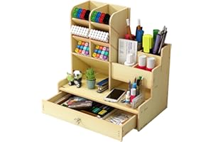 CATEKRO Desk Organiser, Wooden DIY Desktop Tidy Pen Holder, Large Capacity Stationery Storage Box with Drawer for Home, Office and School(Samll-white)