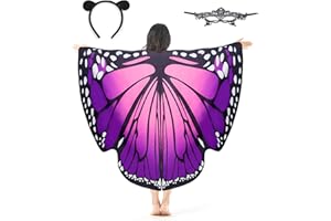 Halcyerdu Damen Schmetterling Kostüm, Karneval Schmetterling Kostüm Damen, Schmetterlingsflügel Schal Poncho mit Maske und Stirnband, für Party Weihnachten Halloween Kostüm Cosplay Karneval Fasching