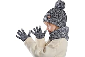 LANCRY Set invernale per bambini, con cappello, sciarpa e guanti, caldo berretto termico lavorato a maglia, scaldacollo e guanto touchscreen, con morbida fodera in pile, per ragazze e ragazzi, età 4-10 anni