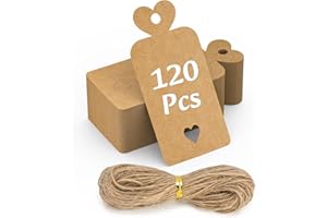 VYNYQOO 120PCS Cartoncini per Bomboniere 5x10CM Carta Kraft Etichette Vuote con Filo & 30M Juta Naturale DIY per Regali di Matrimonio, Regali, Etichette Marroni, Prezzo, Etichette con Filo-Cuore