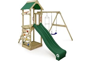 WICKEY Aire de Jeux FreeFlyer portique en Bois avec balançoire et Toboggan Vert, Tour d'escalade pour Enfants avec bac à Sable, échelle et Accessoires de Jeu pour Le Jardin.