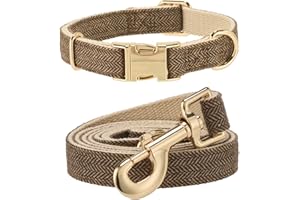 YUDOTE Hundehalsband und Leine Set Klein, Weiche Reizfreie natürlicher Baumwolle mit Twillgewebe für Hund mit empfindlicher Haut, Graubraun