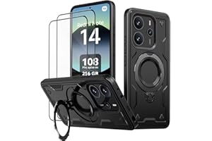 KANSi Funda para Xiaomi Redmi Note 14 / Redmi Note 14 4G (No para 5G) con Cristal Templado*2, Anti Golpes Carcasa Protectora Resistente con Anillo Soporte Giratorio - Capa Negro