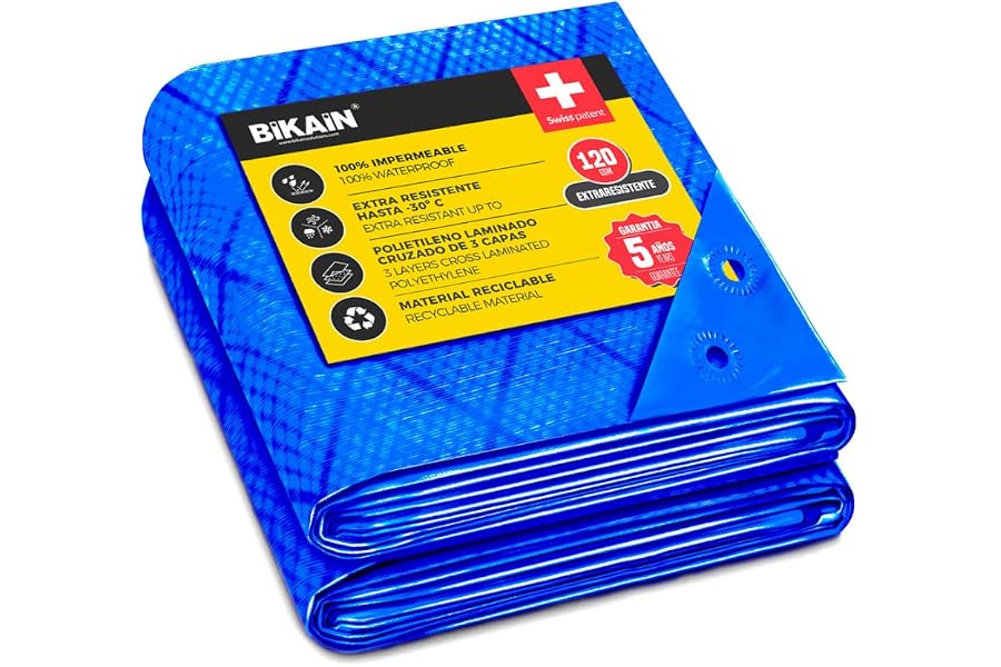 Bikain - Lona Impermeable Exterior - 3x4 Metros - 70g/m2 Reforzada - Argollas Antidesgarro - Toldo 100% Impermeable y 100% Pr