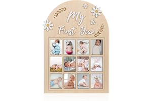 NQEUEPN Cadre Photo ma Première Année, Fleur Marguerite 3D Affichage Photo de Première Année Bébé Bannière Photo Mensuelle Planche Bois 12 Mois Cadeau pour Nouveau-Né Souvenirs du 1er Anniversaire