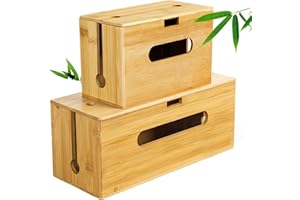 Lannvan Zestaw 2 drewnianych pojemników na kable z ekologicznego bambusa – pudełko na kable do ukrycia plątaniny kabli – organizer na kable, pudełko do zarządzania kablami, skrzynka na gniazdo, duże i