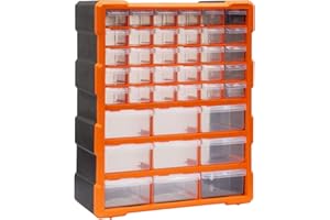 Bond Hardware 39 Drawer Organiser for DIY Tool Bits Plastic Storage Units - Workshop Screws and Small Parts Cabinet or Office Stationary Craft Box Black/Orange