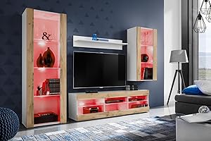 Komodee Wohnwand Wohnzimmerset Tivoli Medio, Wotan/Weiß, Breite 245cm x Höhe 159cm x Tiefe 35cm, LED RGB, für Wohnzimmer, Schlafzimmer