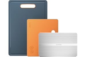 Linoroso Chopping Board Coloured Plastic Cutting Boards Set of 3 for Kitchens with Defrosting Tray Juice Grooves Easy Grip Handle Slip Resistant Dishwasher Safe (BPA Free) - Lava Orange