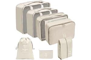 DACONGMING Koffer Organizer Set 7-Teilig Kofferorganizer Reisetasche travel Organizer Wasserdichte Packtaschen Rucksack Packing Cubes Kleidertaschen für Kleidung Unterwäsche Kosmetik (Beige)