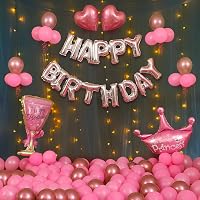 Party Propz Rose Gold Birthday Decorations Items With Led Lights - 51Pcs/Happy Bday Crome Balloons,Princess Foil Balloon…