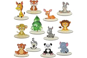 QIMEYU Waldtiere Deko Holz,Waldtiere Figuren,Geburtstag Waldtiere,12 Stück Niedlich Holz Tischaufsatz Waldtiere,Tortendeko Waldtiere,Tortendeko Dschungel Tischdeko Ornamente für Kindergeburtstag Deko