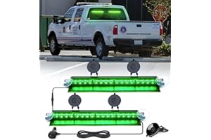Xprite 32 LED Dual Strobe Lightbar Green Windshield Dash Warning Caution Responding Flashing Lights Bar Aluminum w/Suction Cups, for Emergency Law Enforcement Construction Traffic Vehicles EMS Trucks