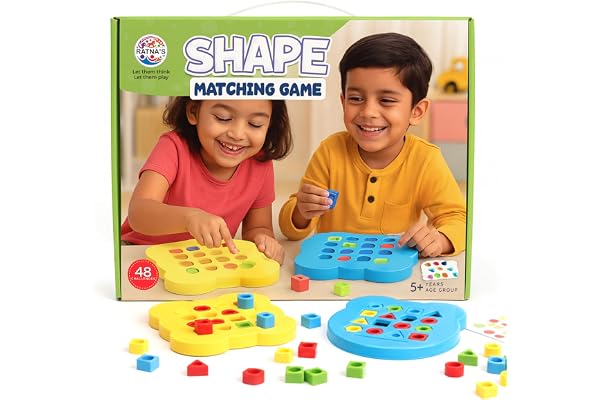 Ratna's Shape Matching Puzzle Game for Kids, 48 Challenges, 32 Colorful Shapes, Shape & Color Recognition, Educational STEM Learning Toy for Kids 3+ Years