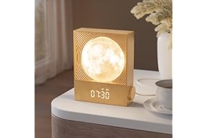RETEYUNG Réveil Simulateur d'Aube avec Lampe Lunaire Rotative - 15 Sonneries, Veilleuse 8 Couleurs, Lampe de Chevet 3 Luminosités avec 10 Sons Naturels - Pour Enfants, Adolescents et Adultes