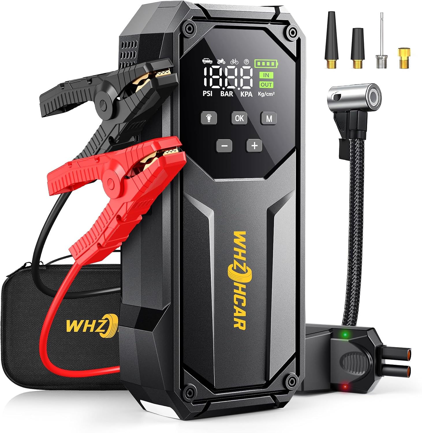 Jump Starter 9000A Booster Batterie Voiture avec Gonfleur 160PSI | Démarreur Batterie 12V pour Toute Essence, Diesel jusqu’à 12L , Lumière LED, écran LCD, Adapté au Temps Froid et pour Cadeau