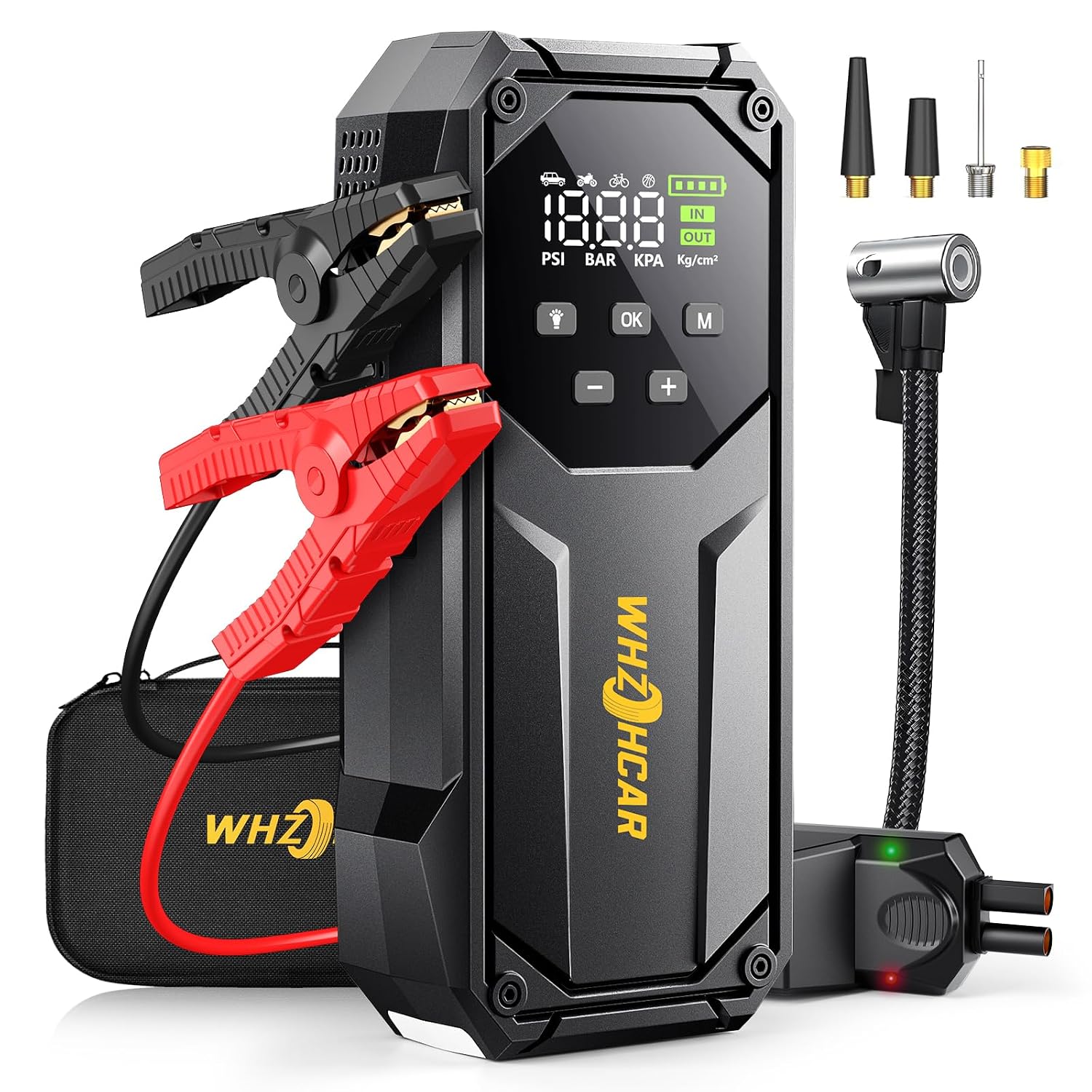 Jump Starter 9000A auto-accu booster met pomp 160 psi | 12 V accustarter voor alle benzine, diesel tot 12 l, ledlicht, lcd-display, geschikt voor koud weer en als cadeau