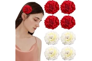 VEGCOO 8Pcs Clips de Pelo de Flor Flamenca para Mujer, Pinza y Horquillas de Peonía y Rosa, Adorno Tocado para Boda Fiesta (Rojo/Blanco)