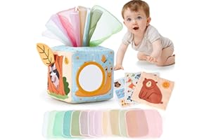 hahaland Caja de Pañuelos Juguetes Bebes 6-12 Meses, Juguetes Montessori 6 a 12 Meses Caja de Tela Suave Juguetes Interactivo Regalo Bebe 1 Año