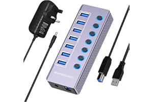 CLOMNPE Powered USB Hub, 7 Ports Aluminum 12V SuperSpeed Multi USB 3.0 Hub 5G Data USB Extension Splitter with Individual on/off LED Switches and 4ft Cable for PC/Laptop/XPS/Surface Pro/PS4/Game Handle, etc