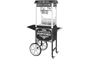 Royal Catering Popcornmaschine mit Wagen, Unterschrank und Ablage Retro-Design in Schwarz 1500 W 5 kg/h beleuchteter Innenraum Wärmefunktion entnehmbarer Topf Popcornmaker Popcornautomat Popcorngerät