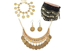 JinYu 5 Set Women Belly Dance Gypsy, Gold Hip Skirt Scarf Wrap Belt, Gold Necklace and Earrings Bracelet Jewelry for Cosplay